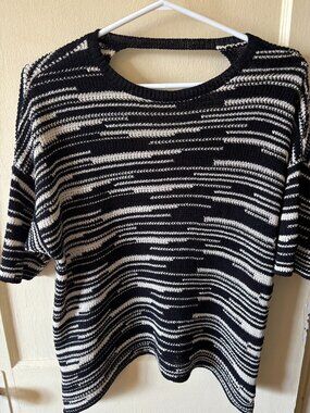 Eileen Fisher Black Marled Stripe V-Back Cotton Linen Sweater S EUC